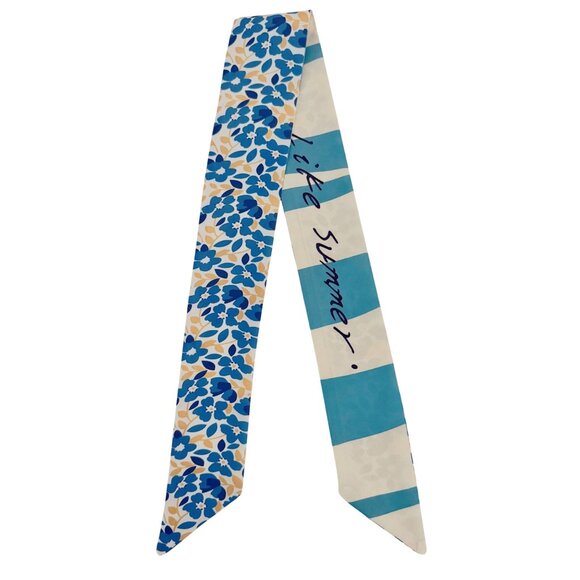 Slim Scarf Blue Floral 34in Satin Two Sided Nauticalcore Preppy No63 - Picture 3 of 16
